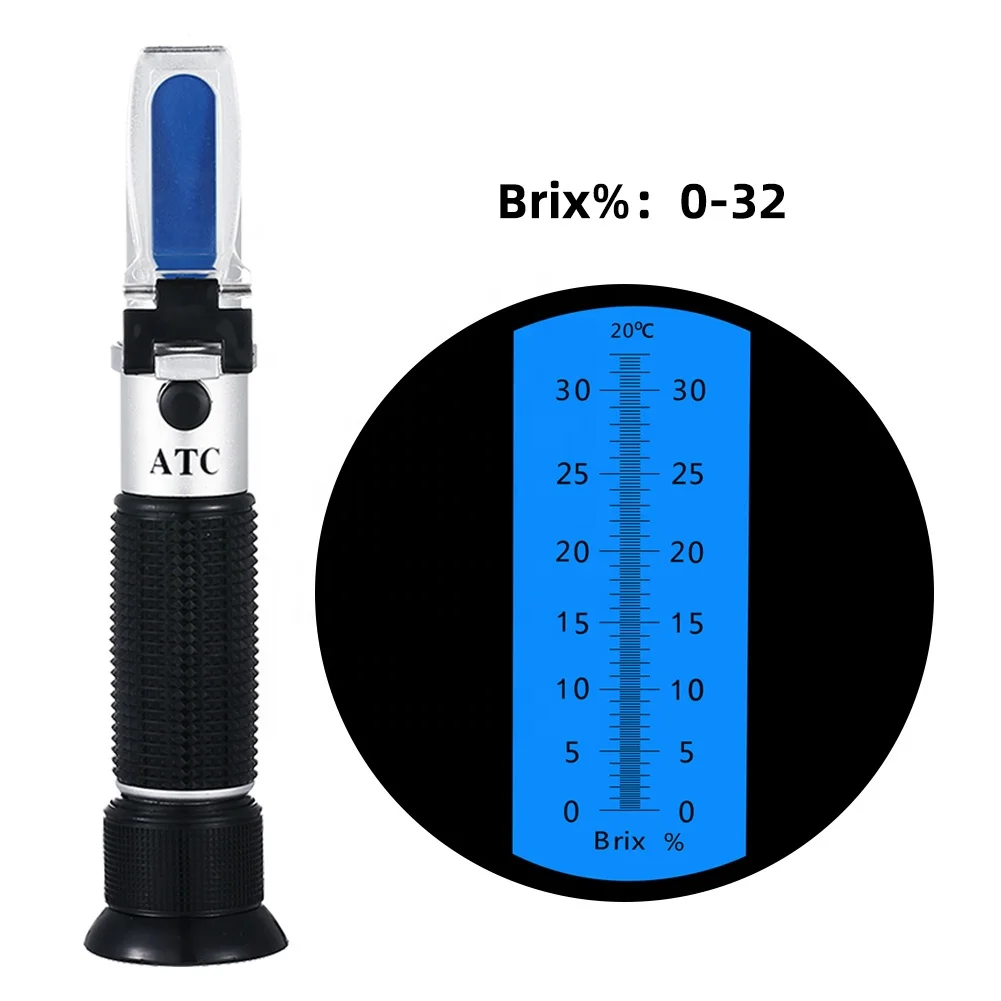 Brix Refractometer Hand held Sugar Level Test Meter Food Fruit Beverages Brix Content Homebrew Tool with ATC/Brix Range 0~32%
