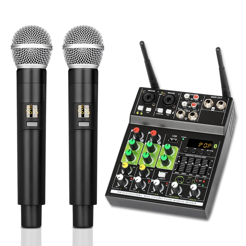 New design professional build-in 48V Phantom power channel usb audio mixer with wireless microphone