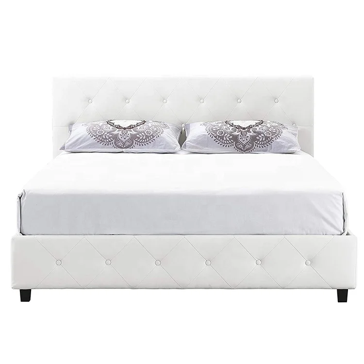 
Modern home furniture wooden queen size double upholstered big platform tufted white chesterfield bed 
