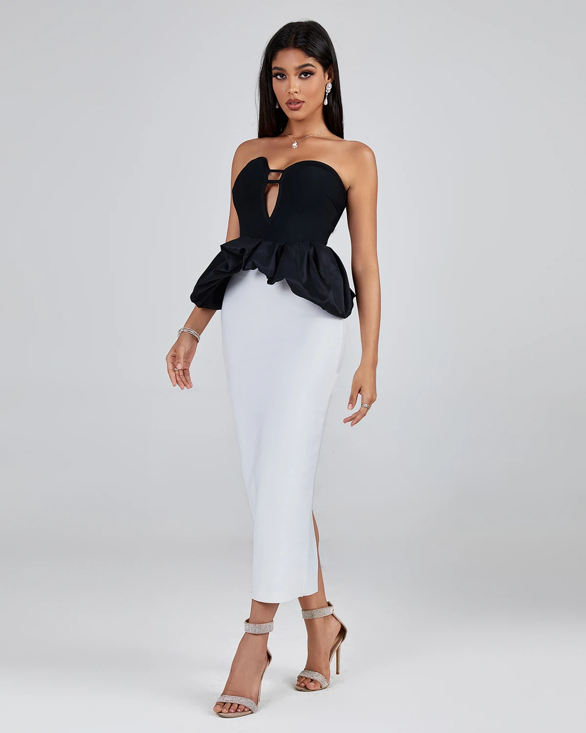 Ocstrade Fall 2023 Women Clothing Colorblock Strapless Black And White Off Shoulder Sexy Evening Dress Party Club