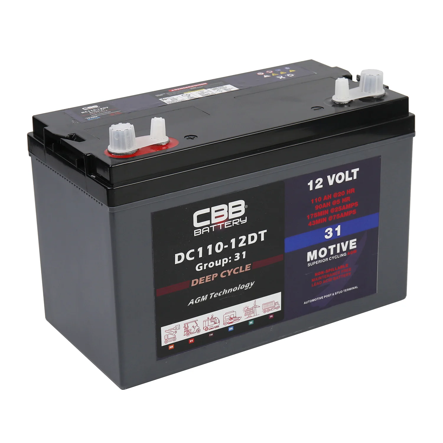 CBB Dual Terminals 12V 110AH Deep Cycle Solar Battery for Golf Cart, Sweeper