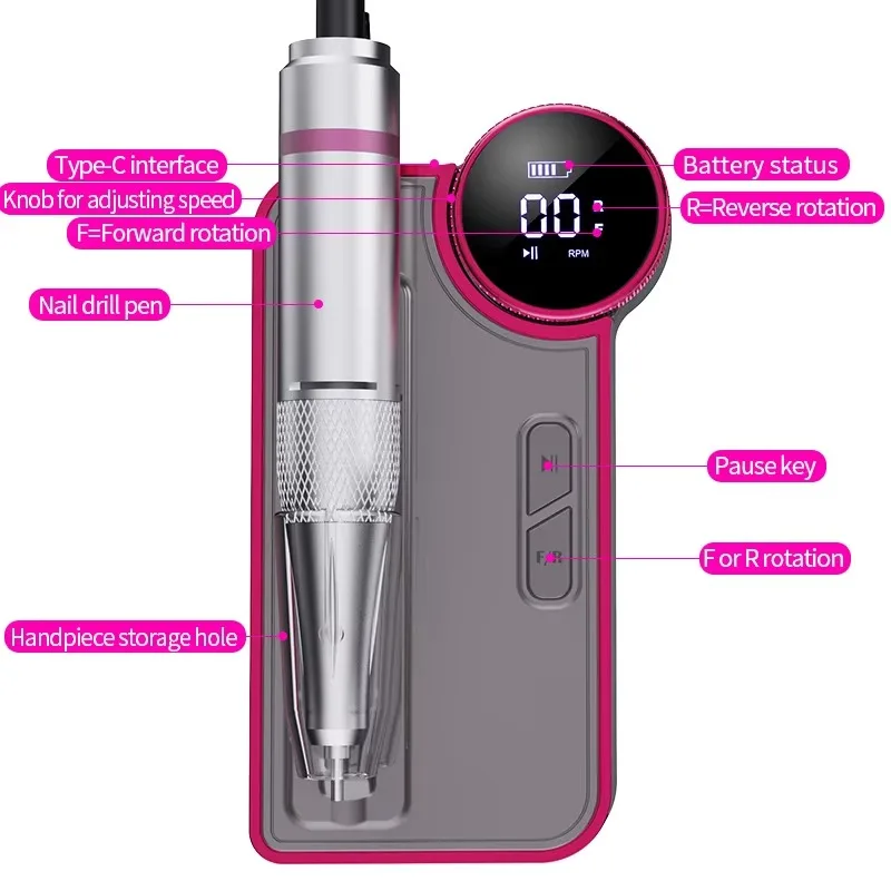 LCD Display Nail Drill Machine High Speed Electric Nail File Plastic 2024 New Product 50W Portable Rechargeable 35000RPM