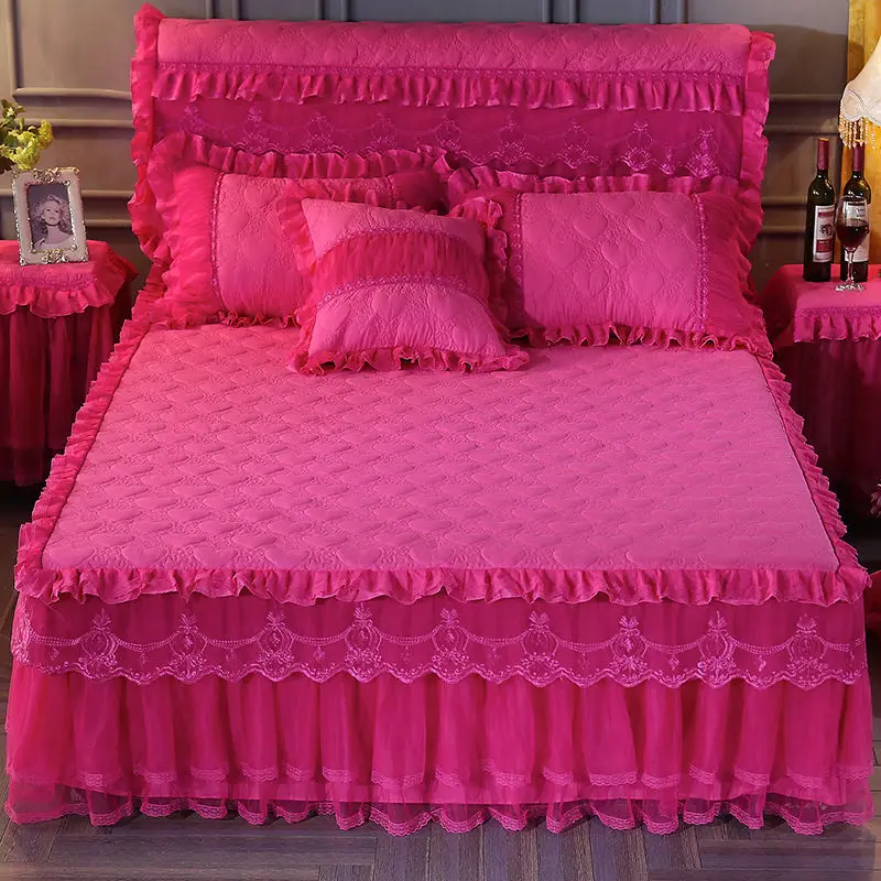 solid color velvet lace Hotel wedding 100%Cotton luxury modern  bed  cover fitted skirt sheets 4pcs Bedding Bedspread sets