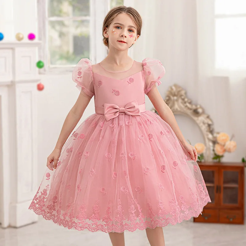 Pageant dress girls mesh sleeves small bow waist knee length toddler children clothes summer flower girls dresses