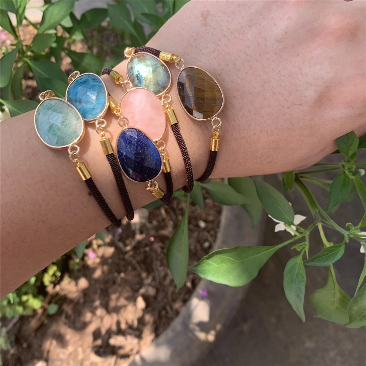 summer collection double side faceted natural stone oval gold Charm Adjustable  handmade bracelet for kids girl woman and man