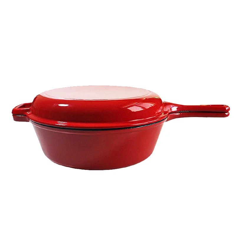 2 In 1 Enameled Cast Iron Cooking Pot Dutch Oven Enamel Non-stick Cast Iron Cookware Set with Long Handle