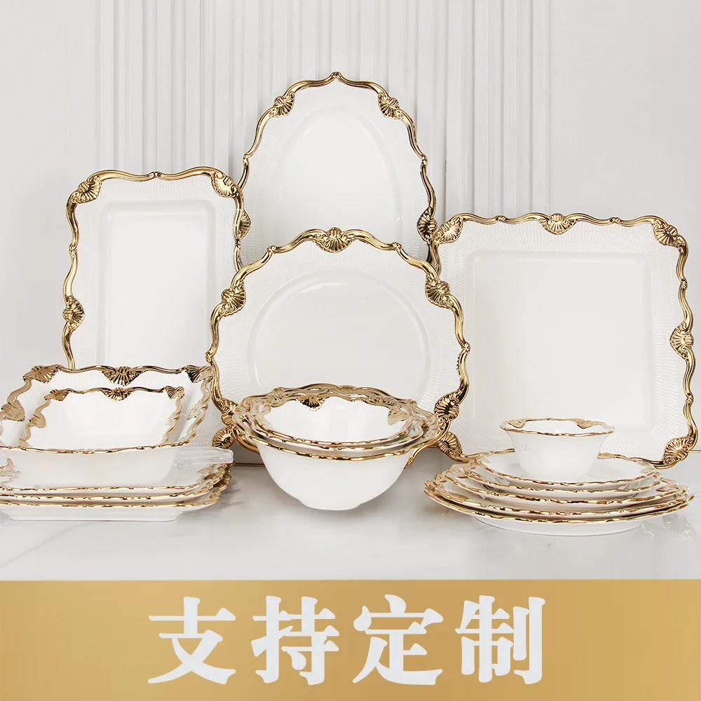 Light Dish Tableware Plate Bowl Set Western Deep Plate Soup Plate Phnom Penh Chicken Tail Ceramic Luxury CLASSIC Party White