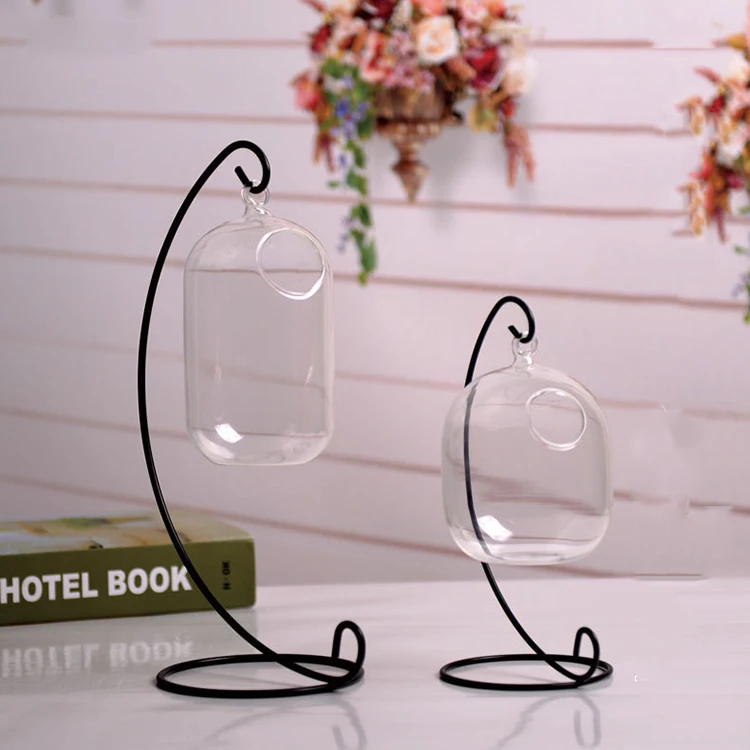 Long Gourd Glass Vase And Fish Bowl With Ring Hanging on Iron Stand Interesting Fish Jar for Mini Gold Fish