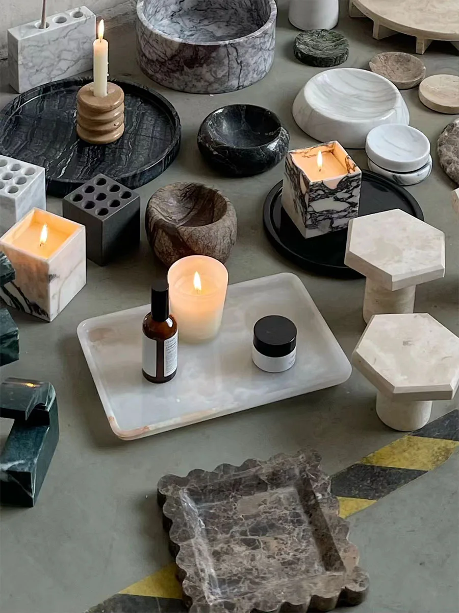 Custom Household Decoration Table Top Bathroom Storage Marble Jewelry Trays Handmade Striped Centrepiece in White Carrara Marble