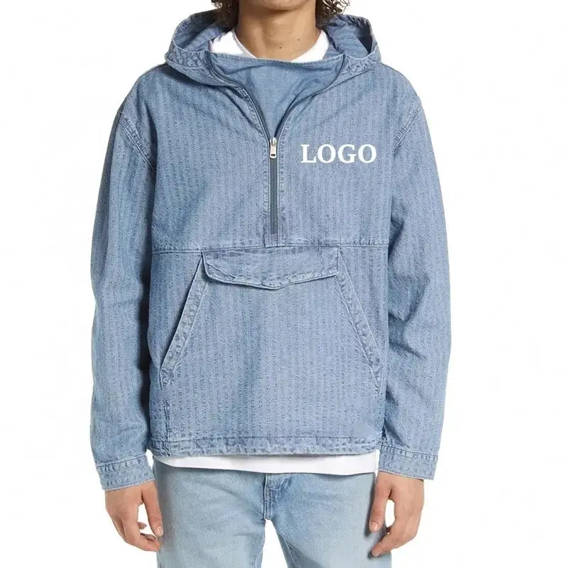 DOVEN OEM Manufacturer Custom Logo Cotton Cargo Vintage Faded Denim Anorak Half Zipper Placket Mens Windbreaker Jacket Hoodie