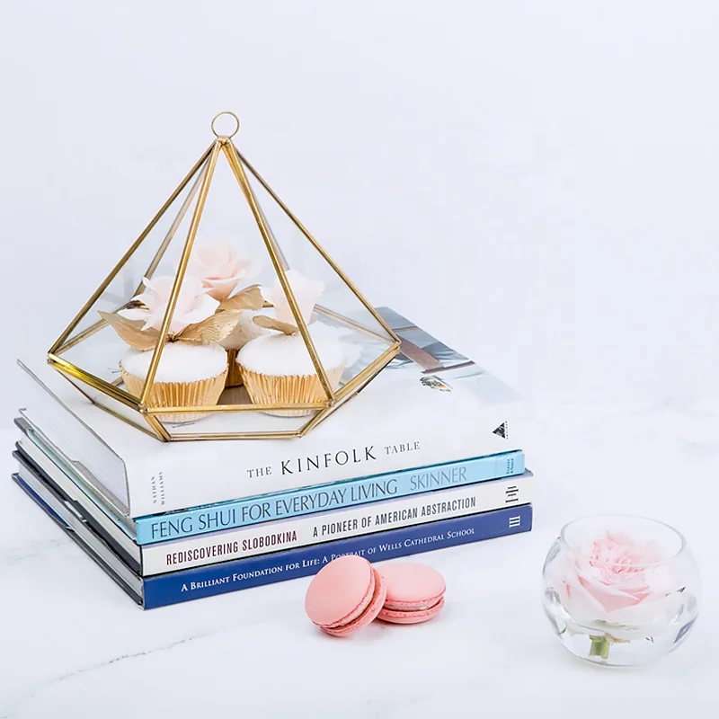 hanging gold transparent trinket ring Clear Glass Jewelry Box terrarium Copper metal decorative pyramid for wedding storage