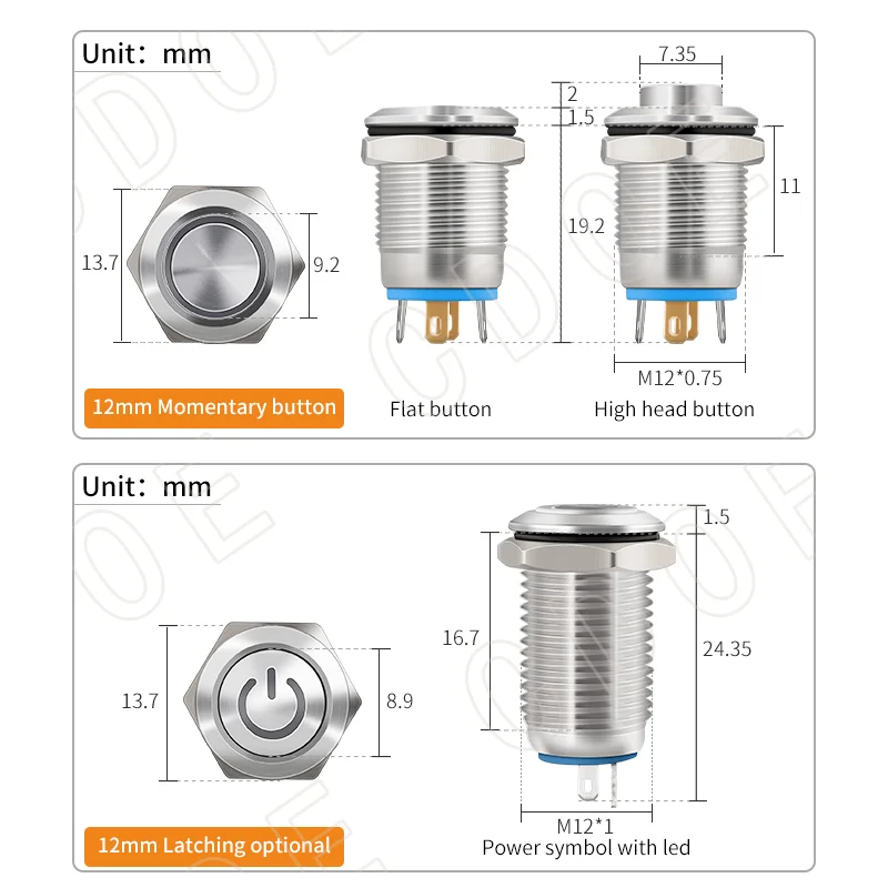 Контактный терминал с подсветкой диаметром 12 мм, плоская и круглая головки, нормально открытый мгновенный металлический кнопочный переключатель