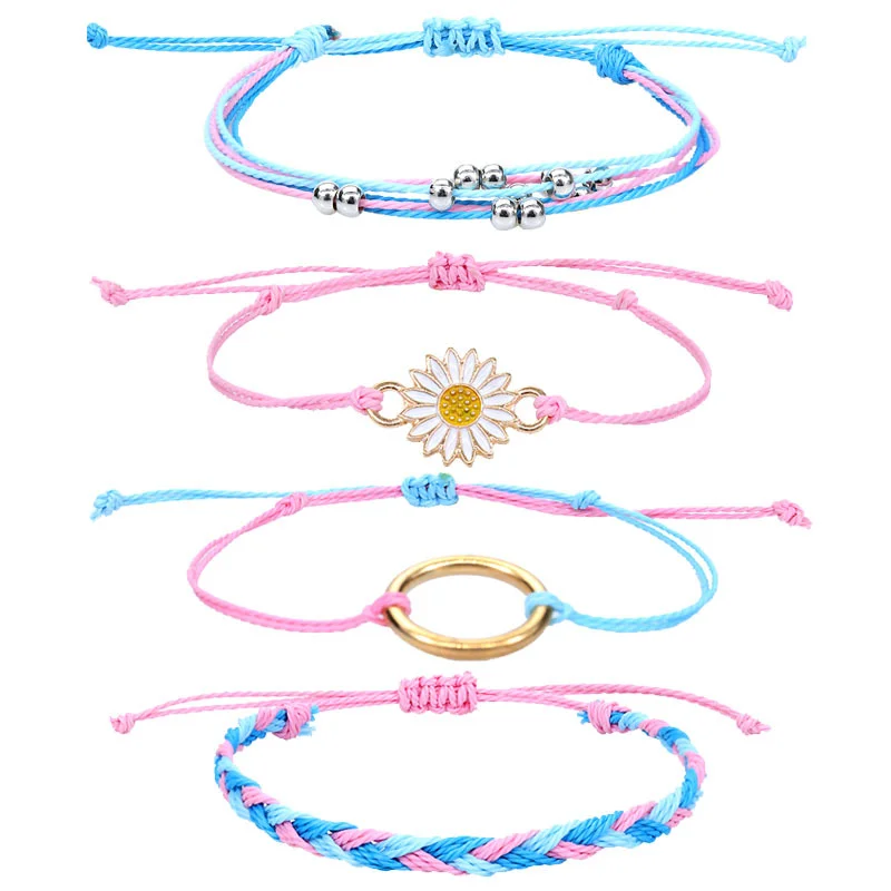 Seaside Surfing Bracelet Waterproof Waxed Wire Hand Knitted Sunflower Bracelet Teenage Friendship Bracelet Set of 4