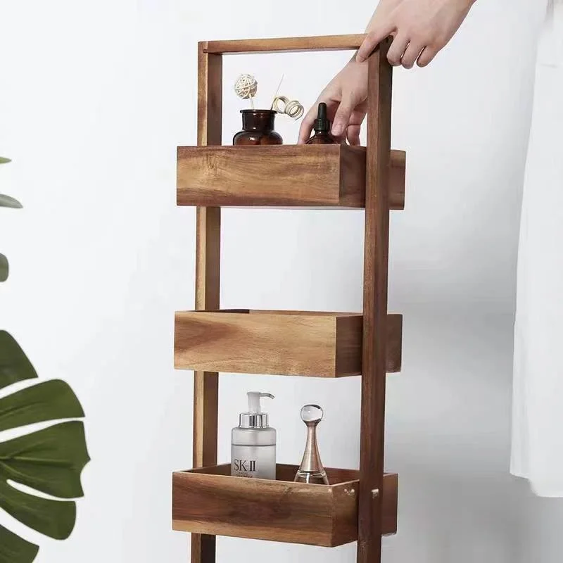 4-Tiers Floor Standing  Multifunctional Acacia Wood Household Storage Box Rack Bathroom Toiletries Storage Rack
