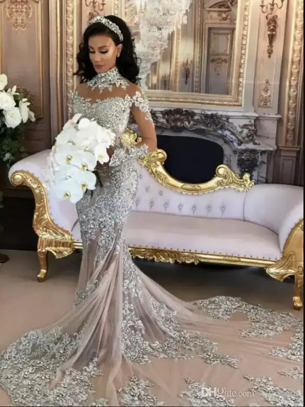 Wedding Apparel & Accessories Luxury Sheer Long Sleeve Mermaid Wedding Dresses 2022 Major Beading with Appliques High Neck Cour
