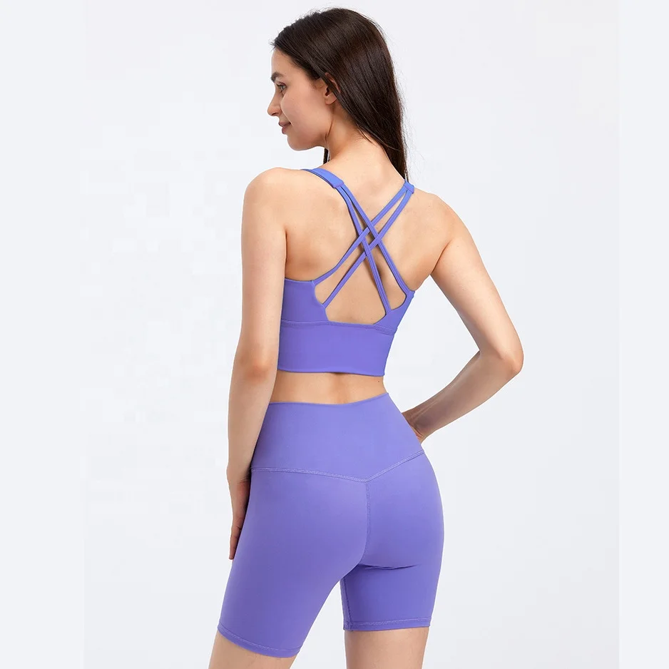 2022 lady summer yoga suit two piece shorts Cross back straps square neck bra collocation hip lift yoga short yoga set