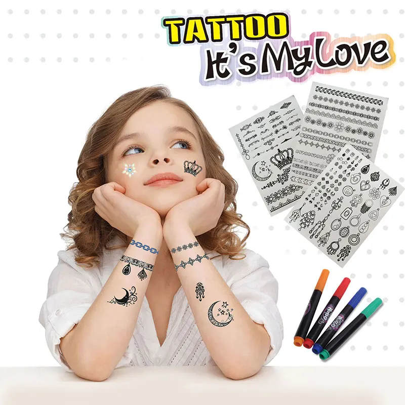 Coloring Tattoo Kit Face Painting with 4 Tattoo Pens Gem Sticker DIY Art And Craft Tattoo Marker For Kids