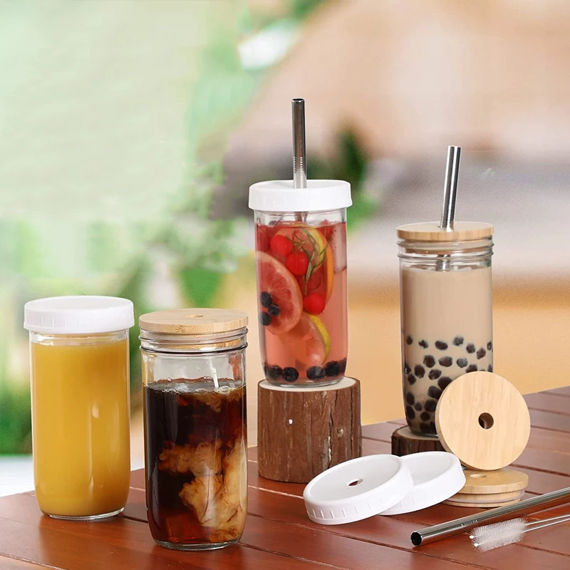 Eco Reusable Drinking 24oz Mason Jar Glass for Bubble Tea Iced Coffee Water Cup With Lids and
