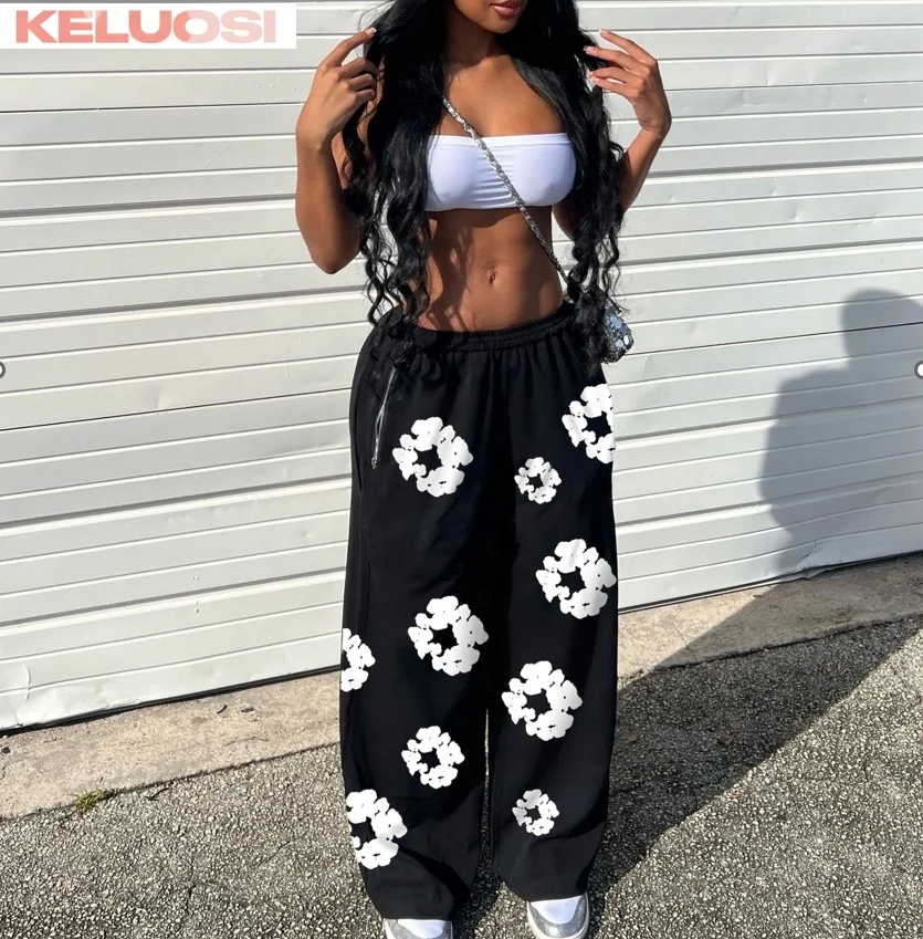 Designer Brand Flower Printed Wide Leg Sporty Pants Woman Thick Elastic Waist Loose Sweatpants With Pockets