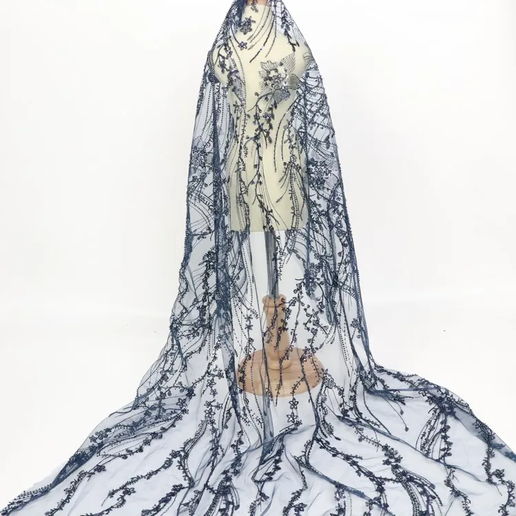 Французские синие сетчатые вышитые кружева Цветочная отделка блестящая ткань с кристаллами бусинами и