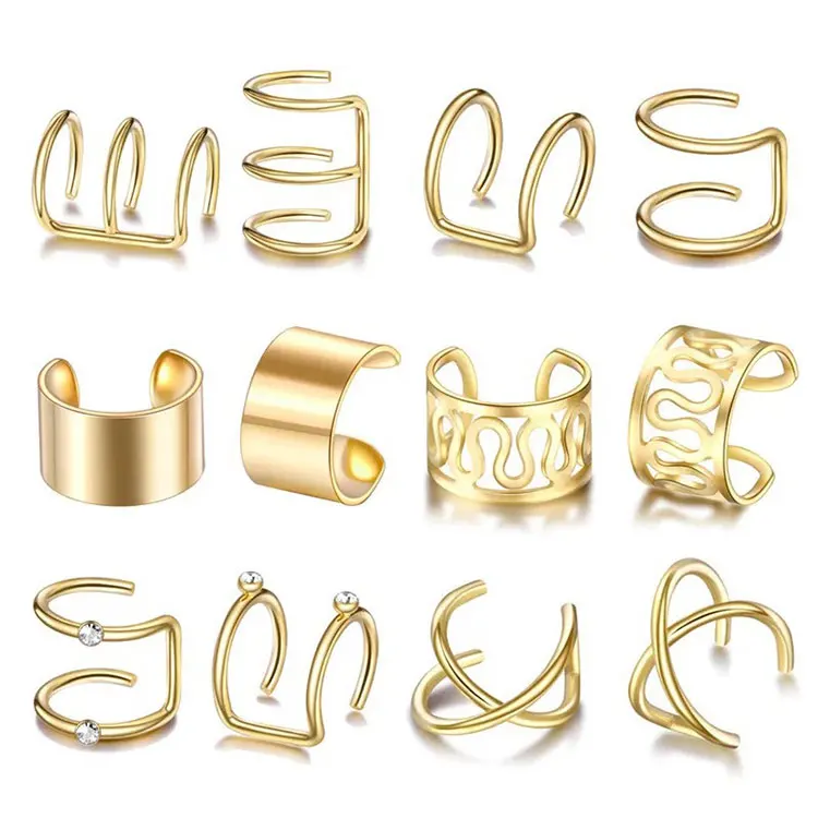 Simple Non Piercing Twisted Cartilage Earrings Hip Hop Gold U Shaped Ear Cuff Earrings Punk 12pcs Diamond Clip on Earrings Set