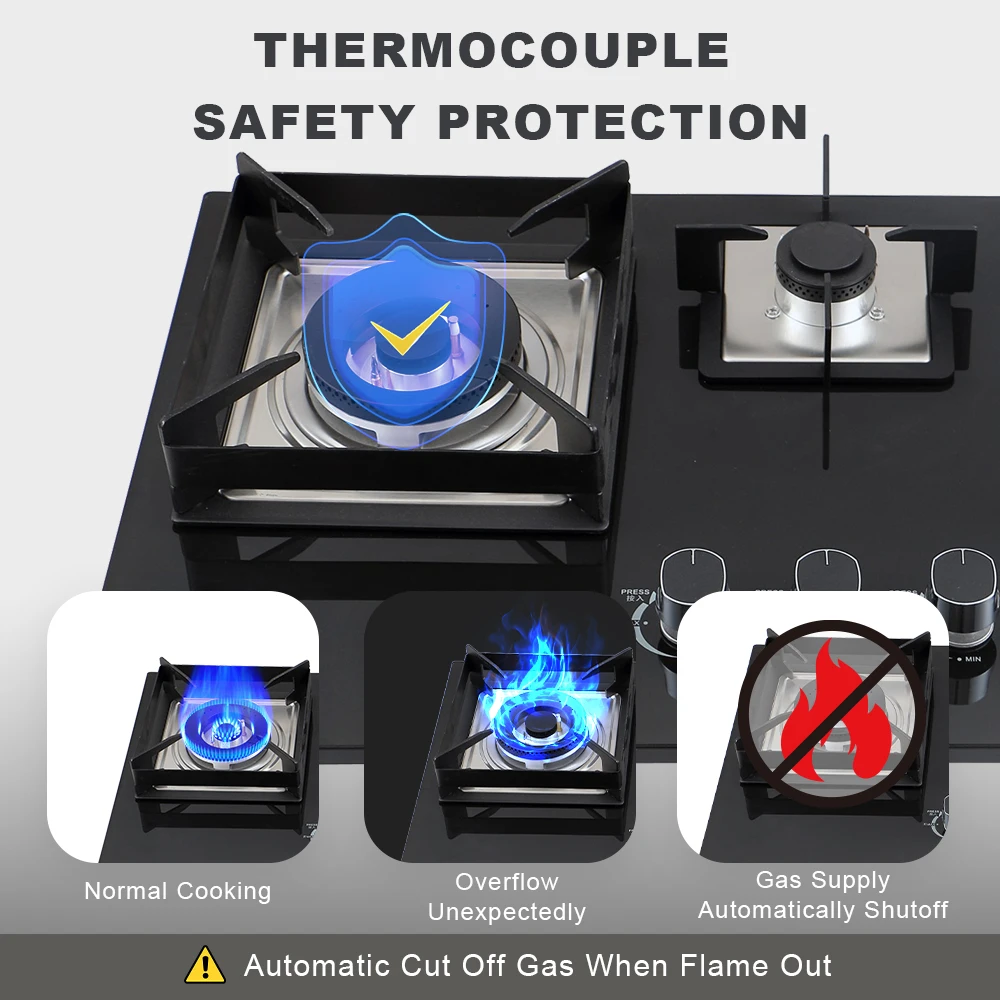 3 Burners Gas Stove Cooktop Glass Top Built-in Gas Burner Hob Propane Gas Cooktop