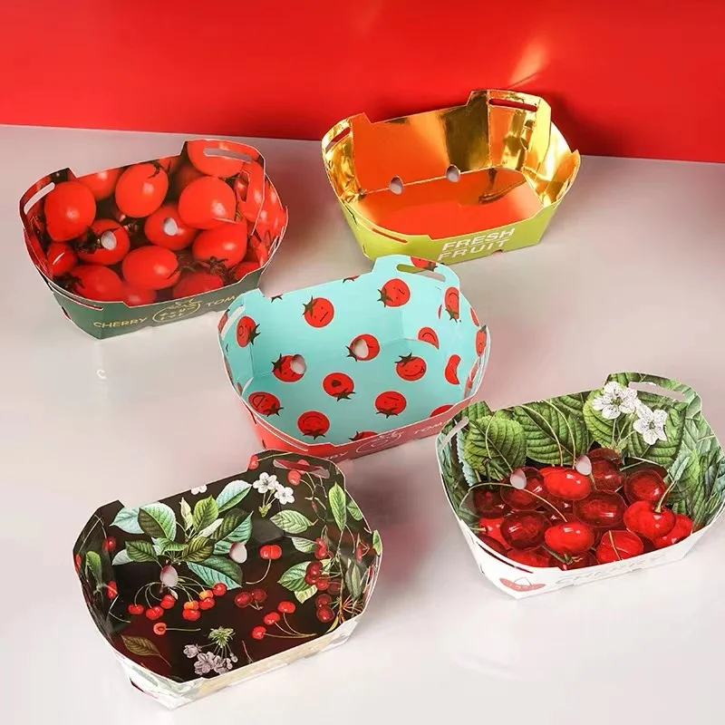 Wholesale Custom Printed Cardboard Fruit Berry Packaging Paper Baskets Tray With Plastic Lid