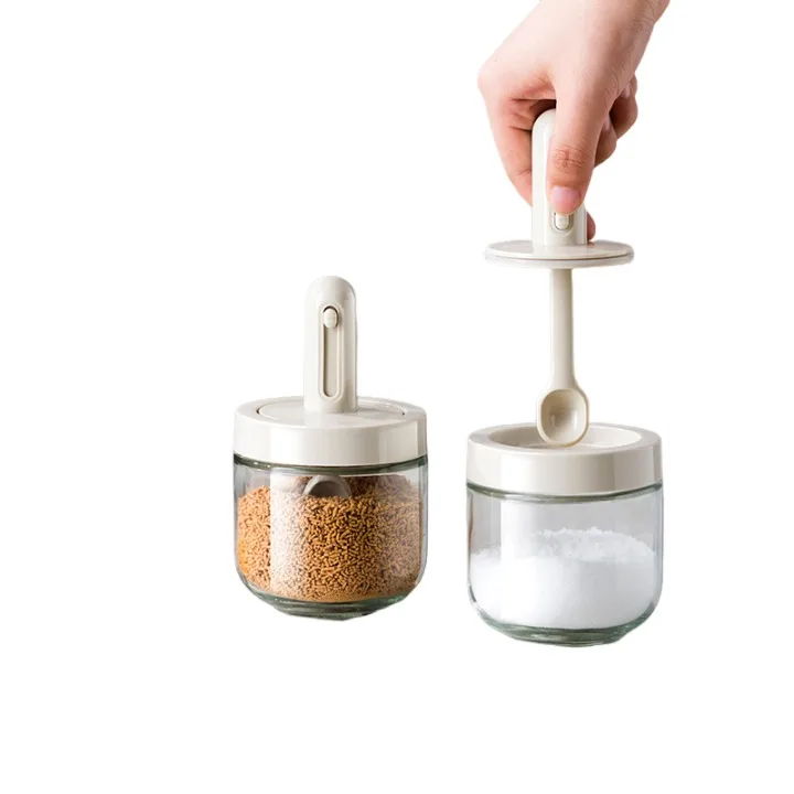 Custom Kitchen Spice Dispenser Bottle with Retractable Spoon Storage Jar Container Airtight Glass Condiment Organizer Box