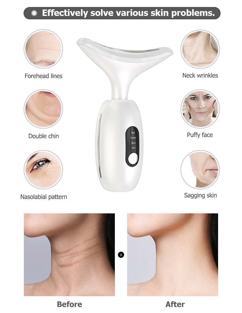 7 in 1skin tightening facial lift neck lift beauty device 3 colors led photon therapy facial whitening and neck lifting massager