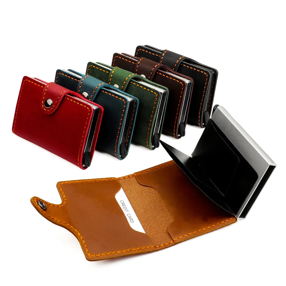 Multiple Custom Aluminum Pop Up Genuine Leather Metal Wallet Slim Blocking Memory Card Case ID Card Holder Rfid Wallet Leather