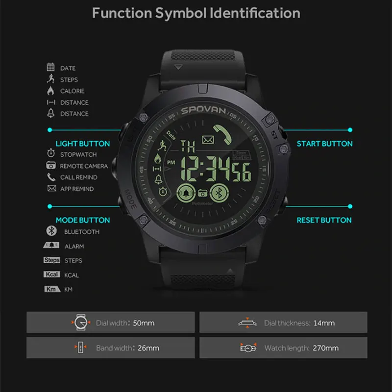 Spovan 5ATM Waterproof Fashion Sport Digital Smart Watch With Pedometer