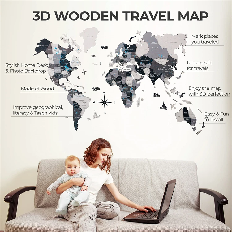 Factory Wholesale  For Home World Map Wall Decor Wooden 3D Decoration