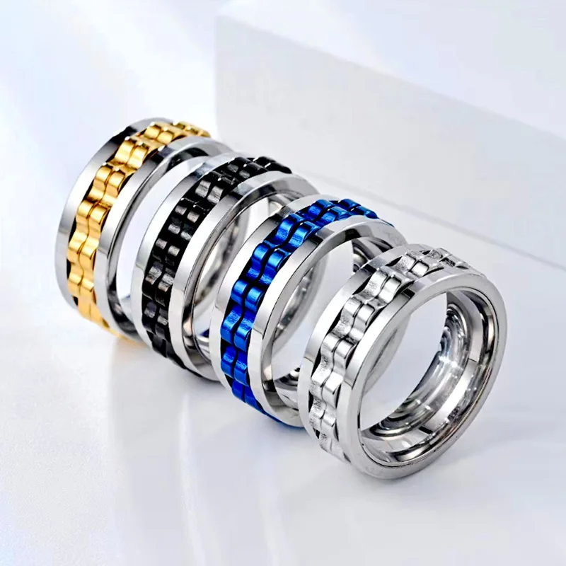 Decompression Vintage Stainless Steel Ring Waterproof Anti Anxiety Ring Gear Turning Finger Ring for Men