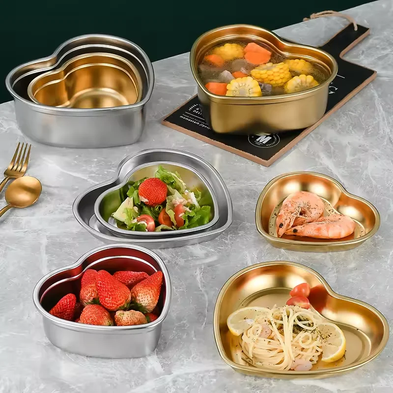 New Style Metal Dinnerware Serving Dishes Gold Silver Heart Shaped Stainless Steel Tray