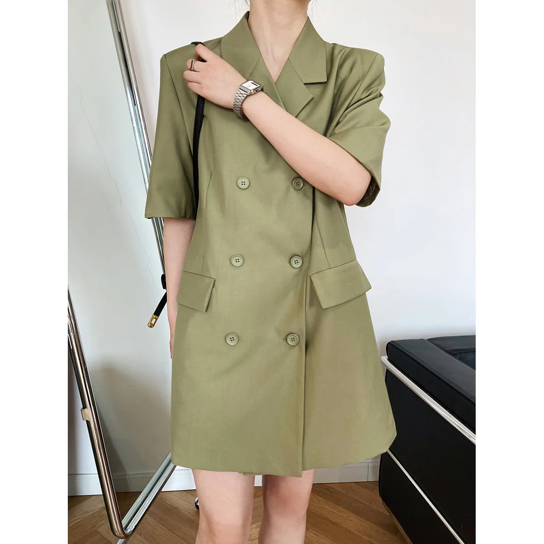 2021 autumn designer solid Double breasted short sleeve suits skirt blazers Career Dresses