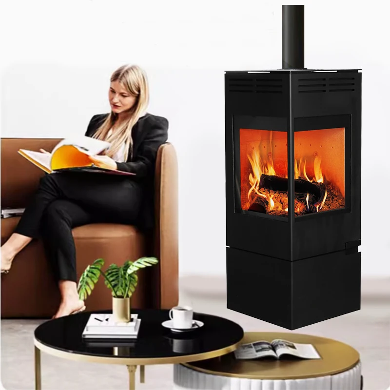 Double Glass Furnace Door Indoor Wood Burning Stove Hidden Independent Ash Hopper Box Double Sided Wood Fireplace