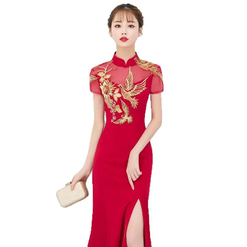 Red Qipao Hanfu New Long Improved  Mid-sleeve Slim Daily Short Chinese Cheongsam Dress