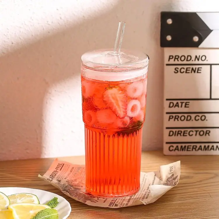 Hot Sale 32oz Transparent Stone Pattern Glass Straw Cup Mugs Coffee Water Clear Glass Cups