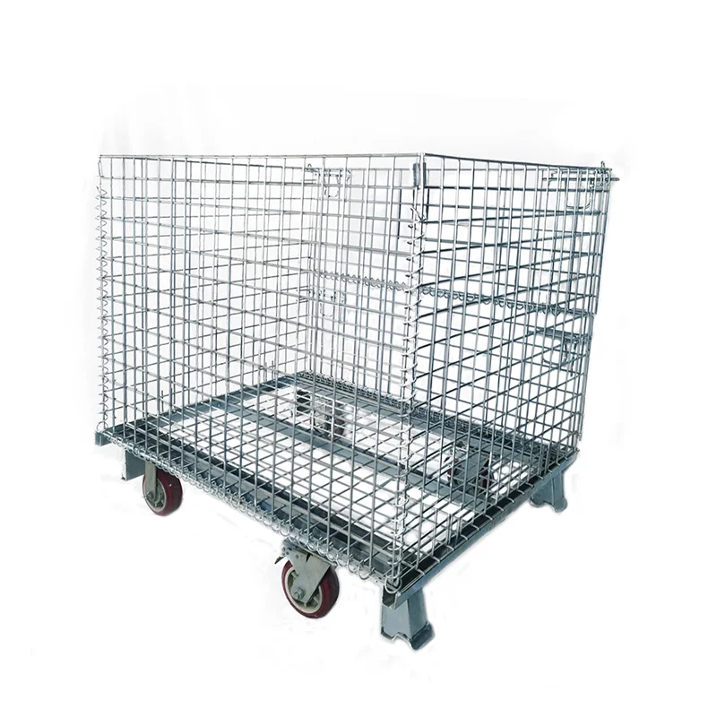 Competitive Price Wire Mesh Cages Wire Container Warehouse Folding Rolling Metal Container Storage Cage With Wheels