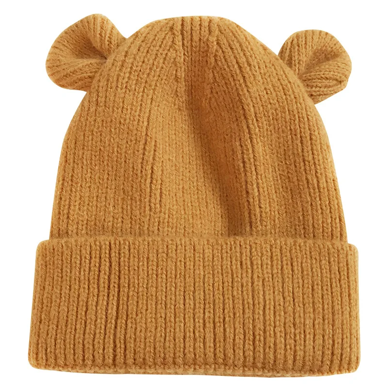 Colorful Ribbed Beanie Hat With Bear Ears For Kids Knit