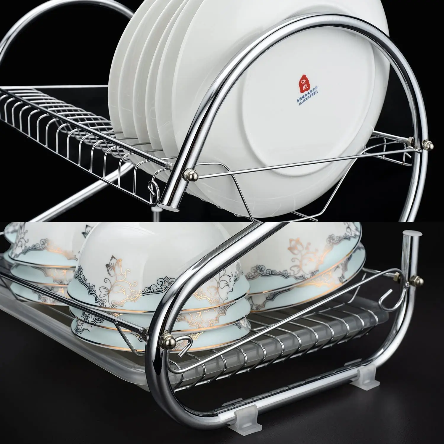 2-Tier Full Sized Dish Drying Rack with Utensil Holder and Cup Holder with Dish Water Drain Board Tray Rustproof Chrome Plating