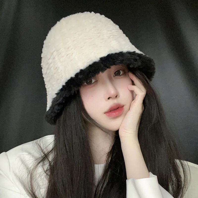 2023 New Fashion Plush Bucket Hat Winter Pure Color Knit Warm Bucket Hat For Women
