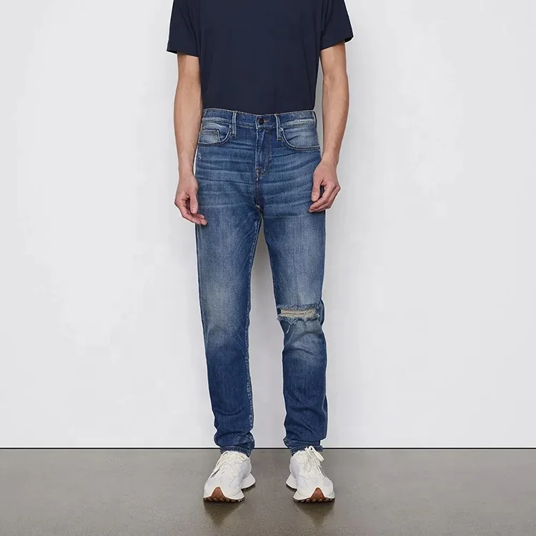 New Arrival  Distress Hole Moustache Effect Classic Streetwear Straight Ripped Denim Jeans For Men