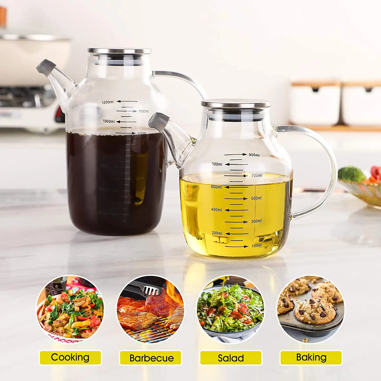 Amazo Borosilicate Sauce Cruet Measuring Glass Bottle Cooking Olive Oil Vinegar Dispenser with Pour Spout