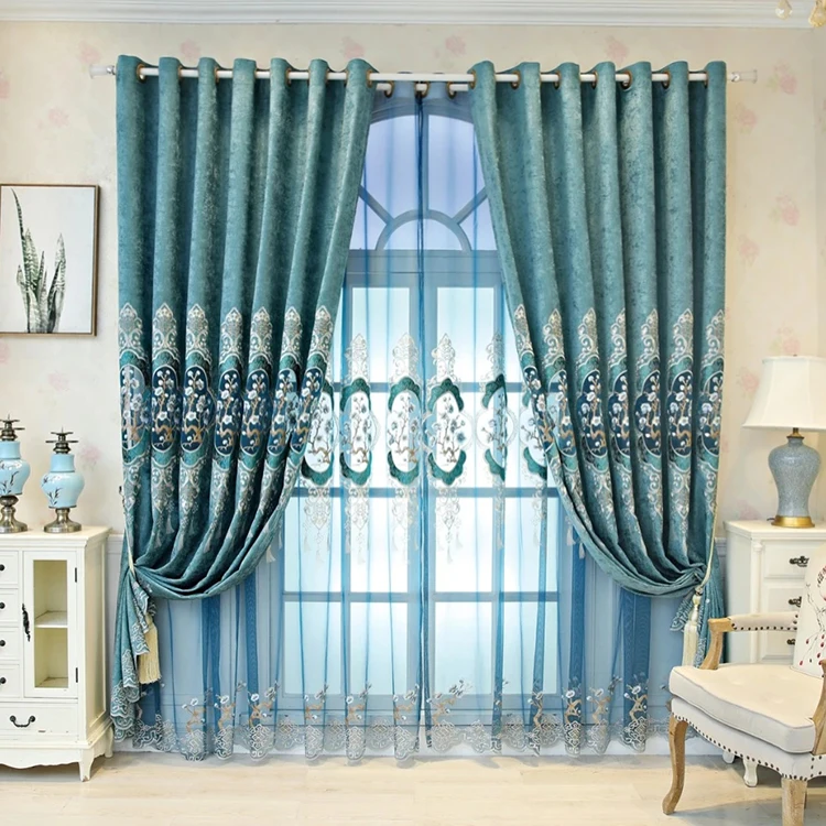 wholesale high quality embroidery Fabric blackout Luxury Living Room Curtain with valance