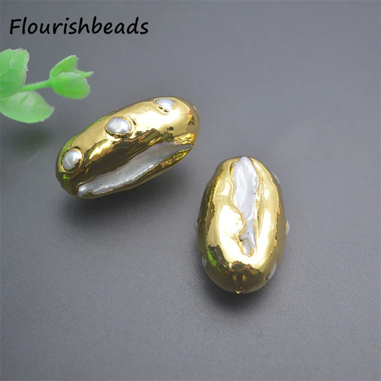 Wholesale  Gold Plated Long Oval Shape Natural Freshwater Pearl Loose Beads for DIY Jewelry Bracelet Necklace Making