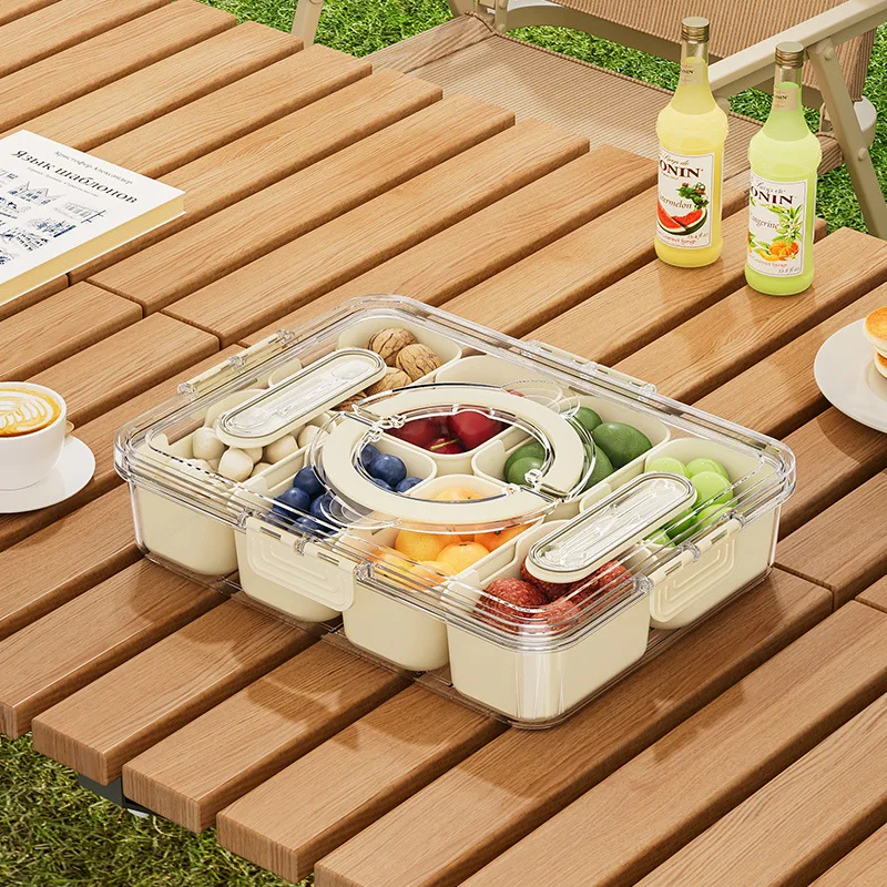 Upgraded Portable Fruits Snack Storage Box Refrigerator Fresh Food Grade Sealed Box 8-Compartment Serving Tray with fork spoon