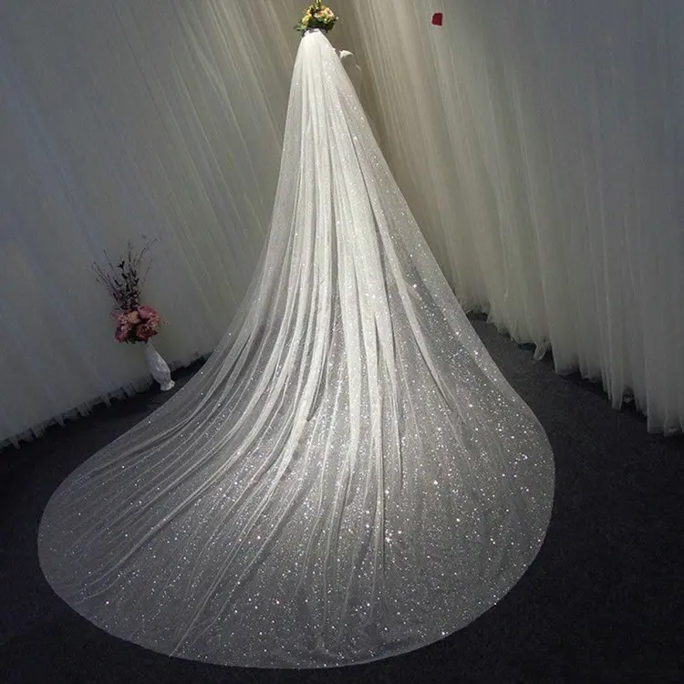 Qushine Shiny Dazzling sequin lace veil bridal long wedding dress veil