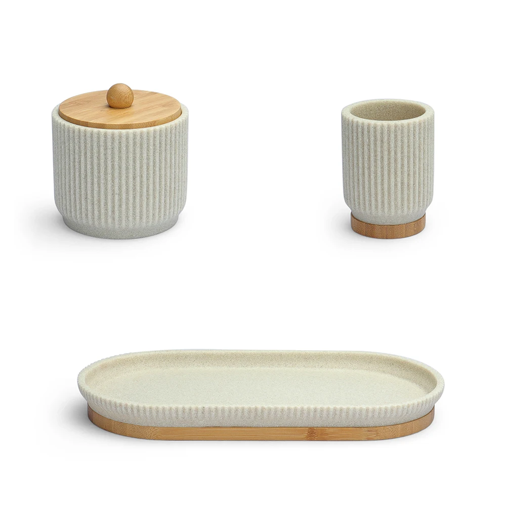 High Quality Washroom Bathroom Accessories Set Black and White 7 Pcs Pieces Bath Bathroom Toilet Set With Wood