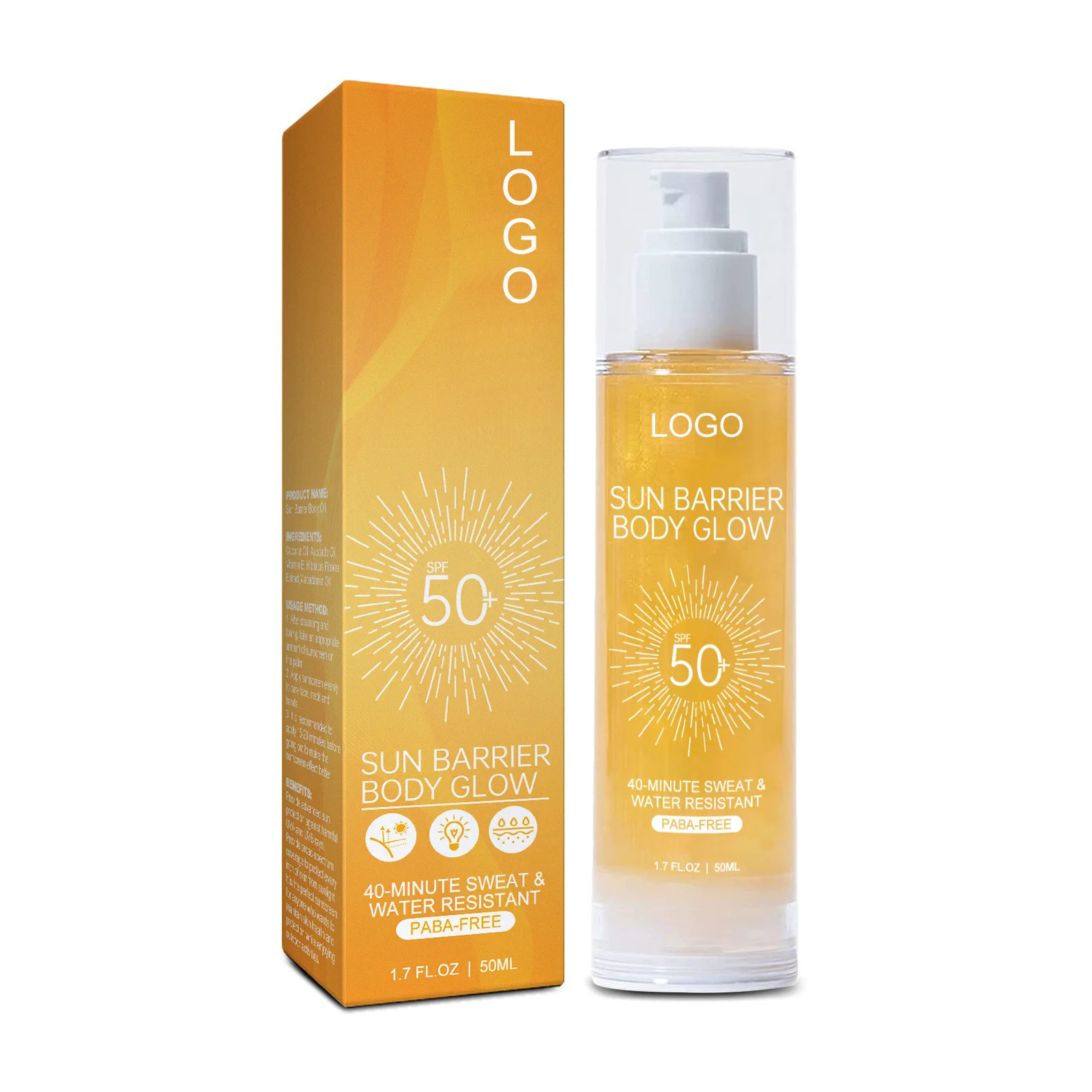 Private Label Daily Spf 50 UV Protection Ultra Hydrating Glowing Coconut Shimmer Oil with SPF50 Skin Sunscreen Body Glow Oil
